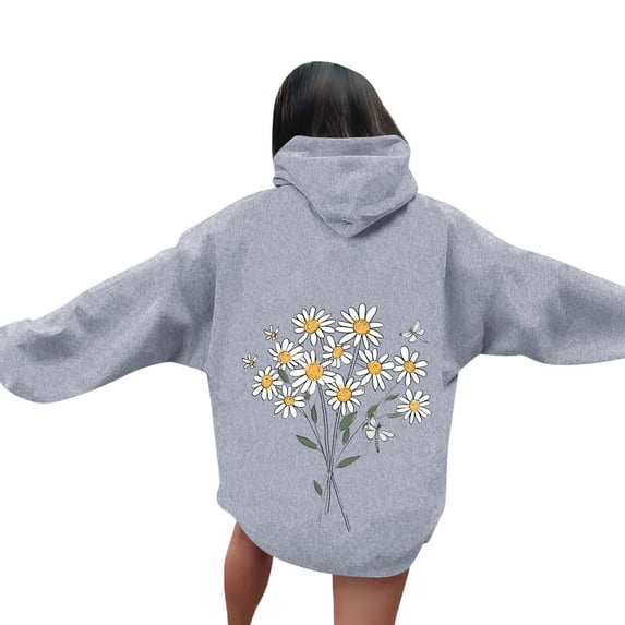 Dasayo Gray Sweatshirts for Women Oversized Funny Long Sleeve Pocket Drawstring Graphic Prints Hoodies Women's Blouses S