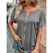 Dasayo Gray Trendy Tops for Women Summer V-Neck Tshirts Short Sleeve Solid Clothes Size XXXXL