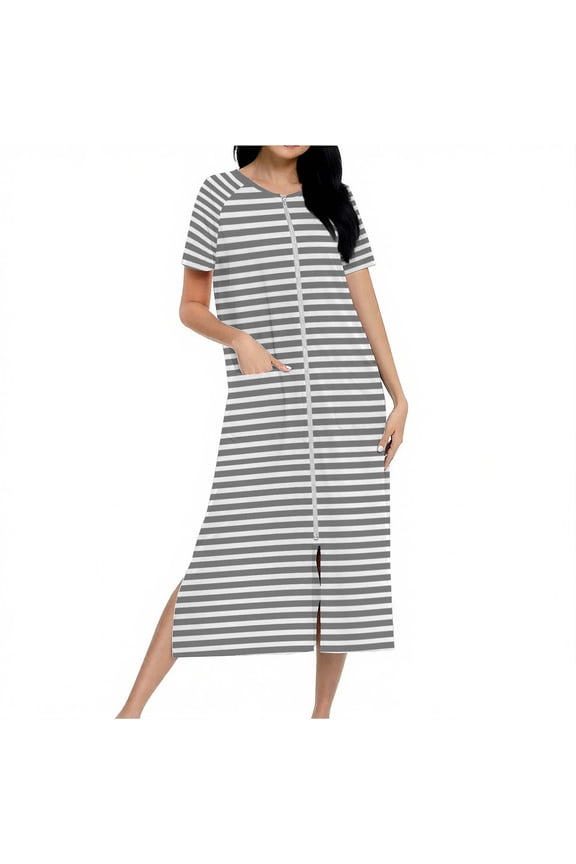 Gray Women Nightgown Plus Size Long Zipper Nightgown Side Split Striped Sleepwear Womens Sleepwear XXL