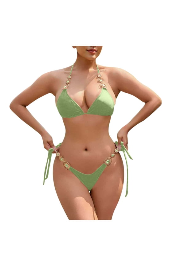 Green Bikini Sets for Women Plus Size Halter 2 Piece Cheeky Bandage String Push up Bikini Sets Womens Swimsuit L