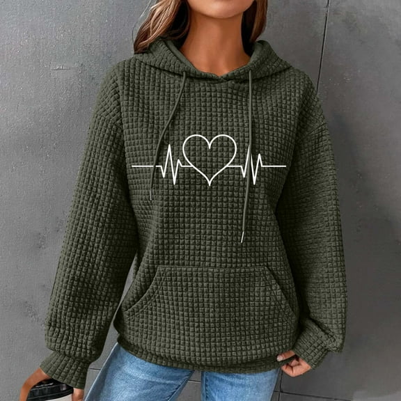 Dasayo Green Hoodies for Women Waffle Knit Long Sleeve Heart Prints Pocket Drawstring Hoodies Tops for Women M