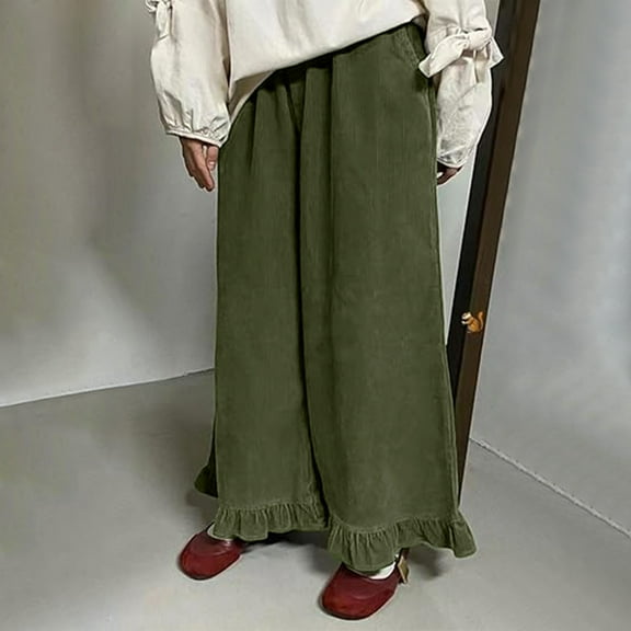 Dasayo Green Ladies Pants Plus Size Corduroy Flowy High Waist Ruffle Pants Womens Joggers XL