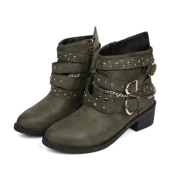 Dasayo Green Women Booties Cowgirl Ankle Western Buckles Low Heel Side Zip Faux Leather Boots Womans Shoes 36