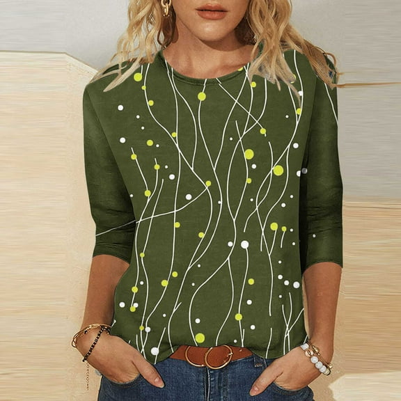 Dasayo Green Women Tops 3/4 Sleeve Loose Graphic Prints Crewneck Blouses Women Blouses and Shirts S