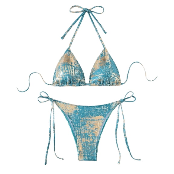 Dasayo Halter Womens Bikini Blue 2 Piece Push up Sparkly High Cut Lace up Tie Back Bikini Sets Swim Suits for Women S