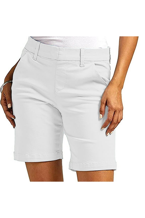 High Rise Shorts for Women Pull On Bermuda Shorts Flat Front Solid Shorts for Womens