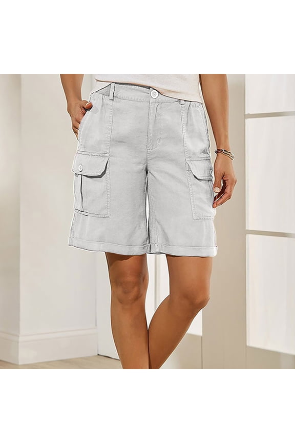 High Rise Women's Shorts Button Bermuda Shorts Flat Front with Pockets Solid Shorts for Womens