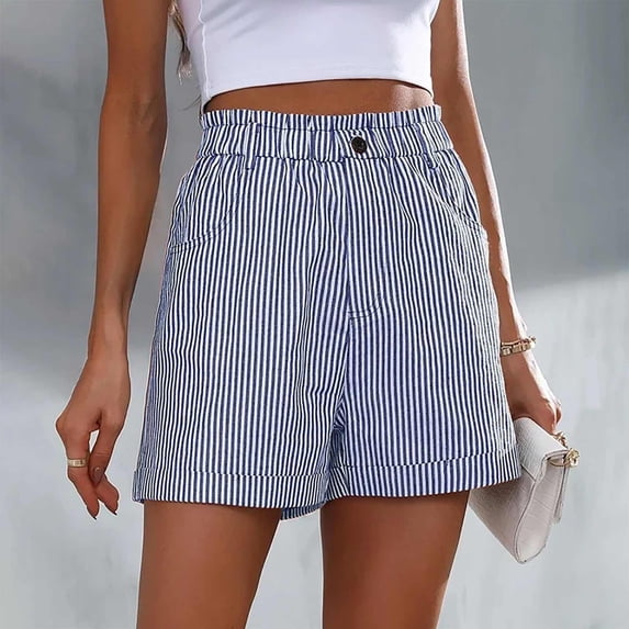 Dasayo High Rise Womens Shorts Pull On Shorts Striped Flat Front Elastic Waist Shorts for Womens
