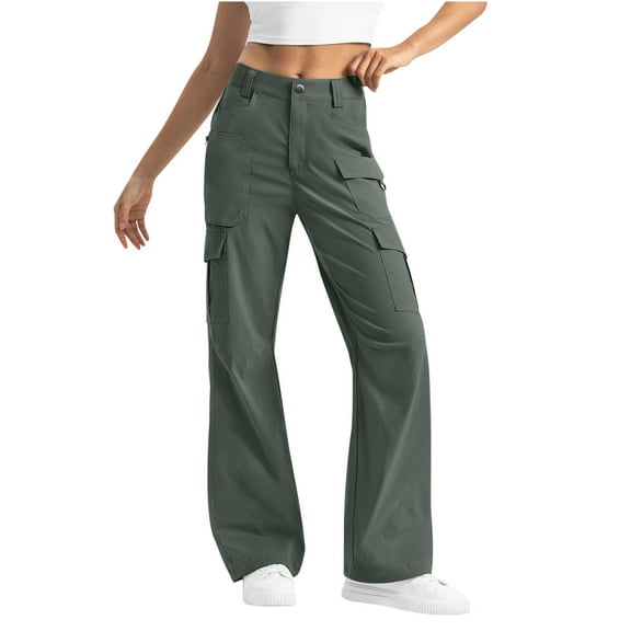 Dasayo High Waist Ladies Pants Green Cargo Business Casual Flare Pockets Tall Pants Jogger Pants for Women L