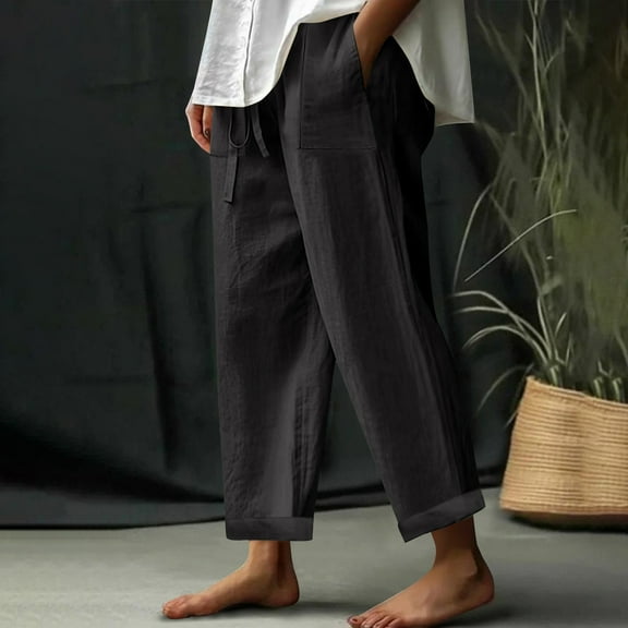 Dasayo High Waist Pants Women Black Straight-Leg Cotton Linen Capris Drawstring Solid Casual Slacks Leggings for Women L