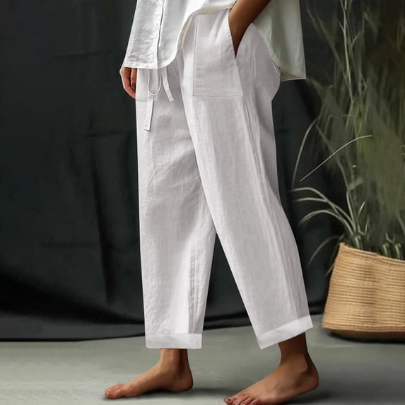 Dasayo High Waist Pants for Women Cotton Linen White Straight-Leg Capris Casual Drawstring Slacks Jeggings for Women M