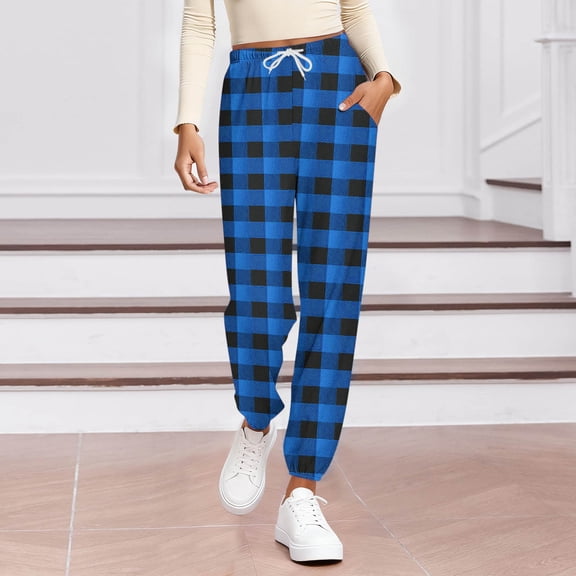 Dasayo High Waisted Ladies Pants Blue Taper Plaid Fall Running Drawstring Pajama Joggers Womens Trousers L