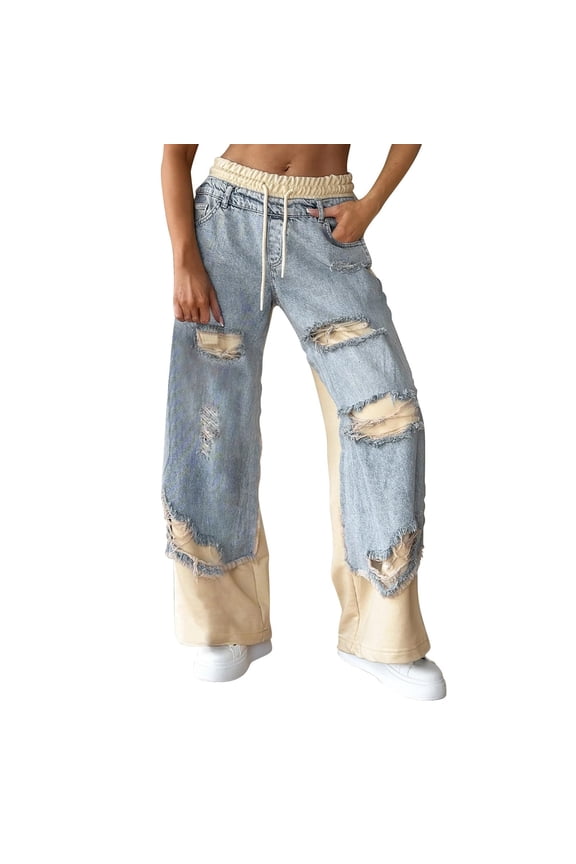 High Waisted Women's Pants Sky Blue Palazzo Wide-Leg Sweatpants Ripped Patchwork Drawstring Jeans Womens Slacks M