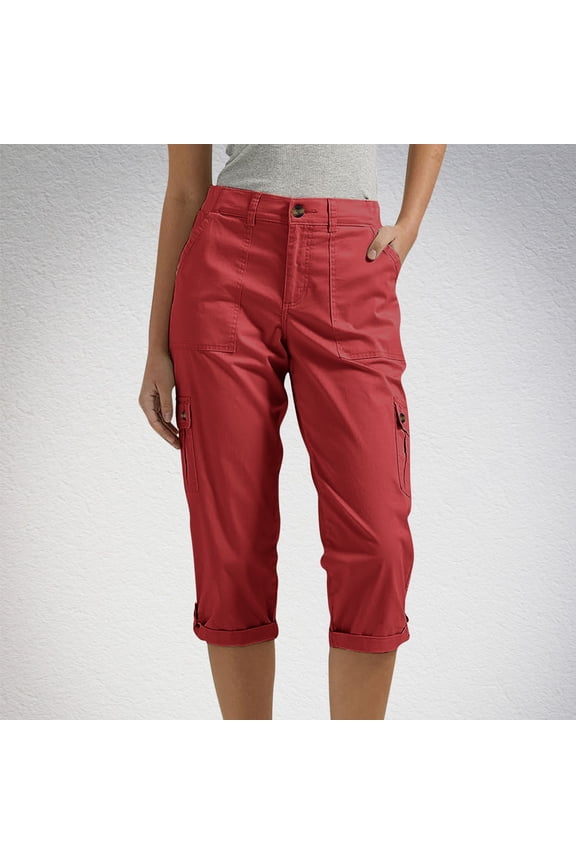 High Waisted Womens Pants Red Cropped Capris Solid Zipper Trousers Sweatpants for Women M