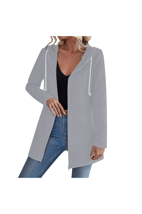 Hooded Women's Coats Cozy Gray Knit Pullover Coat Long Sleeve Drawstring Full Zip Hoodies Womens Jackets XXL