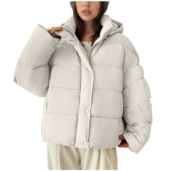 Dasayo Hooded Women's Coats Zipper White Thick Puffer Coats Solid Hike Long Sleeve Winter Outerwear Womens Jacket L