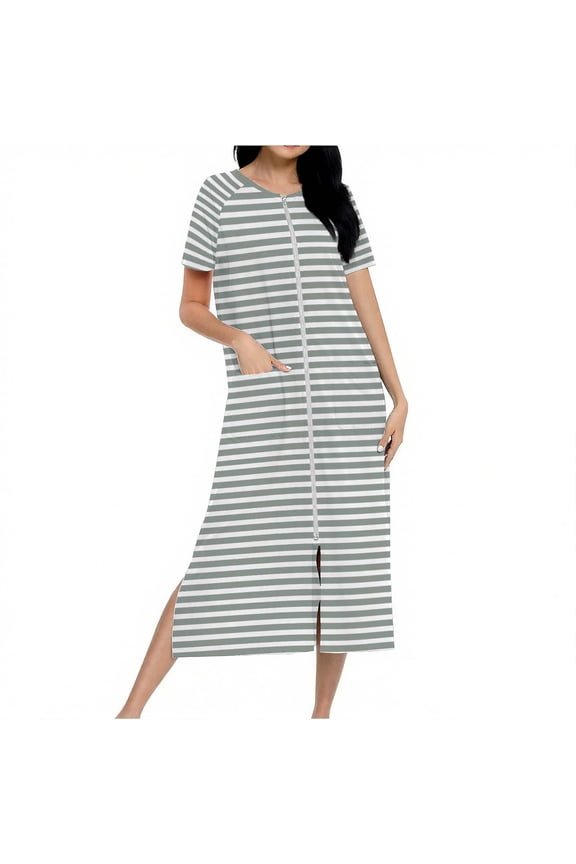 Zip up Womens Nightgowns Gray Long Fall Sleep Dresses Side Split Striped Sleepwear Womens Sleepwear XXL