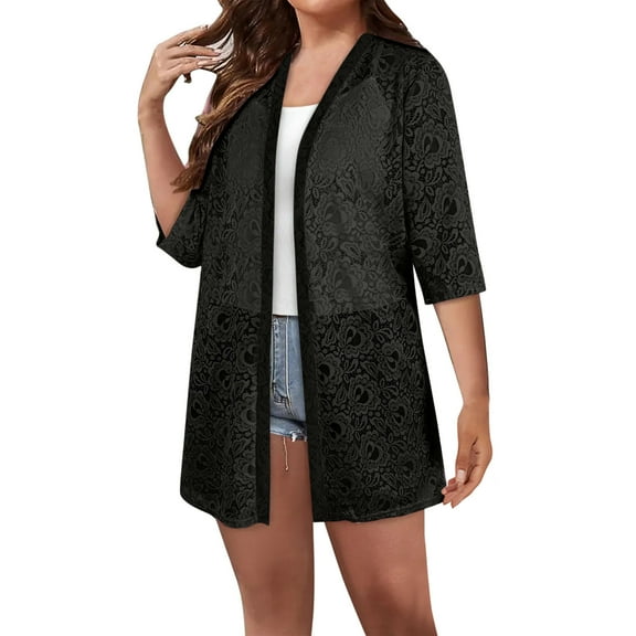 Dasayo Lace Women's Tops Black 3/4 Sleeve Cropped Cutout Open Front Cardigans Womens Tees S