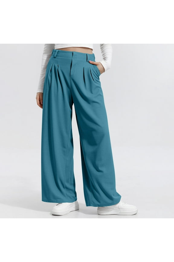 Ladies Pants Straight-Leg Sky Blue Pleated Workout Pants Wide Leg Business Casual Trousers Womans Jeans S