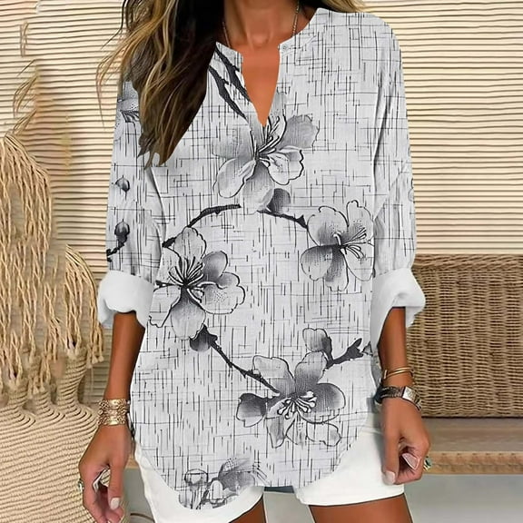 Dasayo Ladies Tops Loose Fit Long Sleeve V-Neck Floral Boho Blouses Womens Blouses L