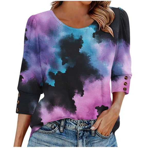 Dasayo Ladies Tops Summer Purple 3/4 Sleeve Crewneck Tie Dye Buttons T-Shirt Womens Tees XXXL