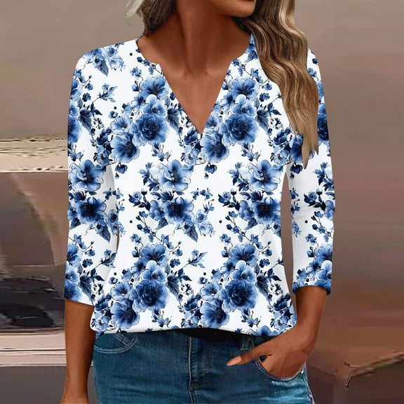 Dasayo Ladies Tops and Blouses 3/4 Sleeve V-Neck Boho Summer Floral T-Shirt Women Blouses L