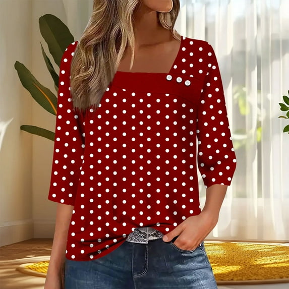 Dasayo Ladies Tops and Blouses Business Casual Red Dressy 3/4 Sleeve Buttons Polka Dot Blouses Women Blouse L