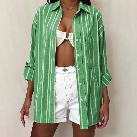 Dasayo Ladies Tops and Blouses Green Long Sleeve Business Casual Striped Collared Button-Up Shirts Women's T-Shirts S
