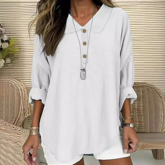 Dasayo Leisure Ladies Tops Dressy White Long Sleeve Collared Solid Buttons Blouses Women's Blouses and T Shirts S