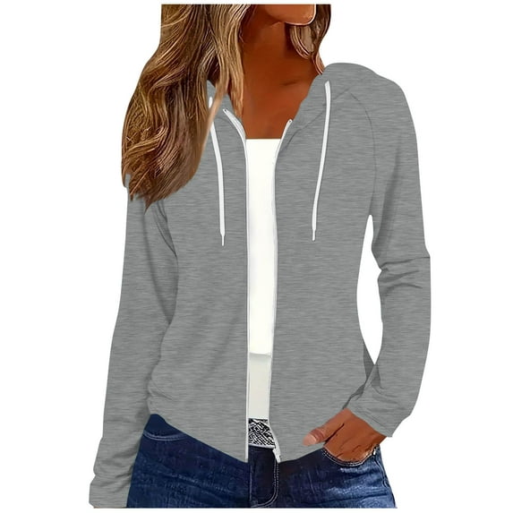 Dasayo Lightweight Women's Coats Sport Zipper Gray Hooded Sweatshirt Drawstring Hoodies Shackets for Women 2025 L