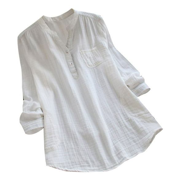 Dasayo Long Sleeve Ladies Tops Dressy V-Neck White Shirts Casual Curved Hem Buttons Solid Outfits Womens Sweatshirts XXL