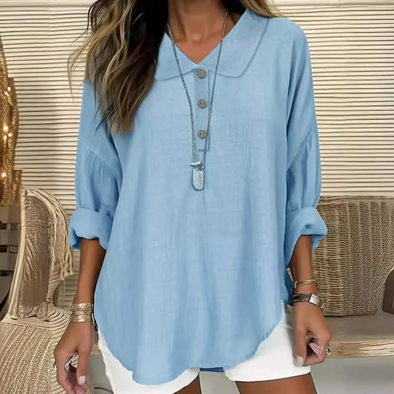 Dasayo Long Sleeve Ladies Tops Light Blue Leisure Dressy Collared Buttons Solid Blouses Womens Sweatshirt XXL