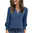 thumbnail image 1 of Dasayo Long Sleeve Ladies Tops Ribbed Knit V-Neck Blue Sweaters Ruffle Elegant Winter Solid Clothes Women's Sweatshirt S, 1 of 9