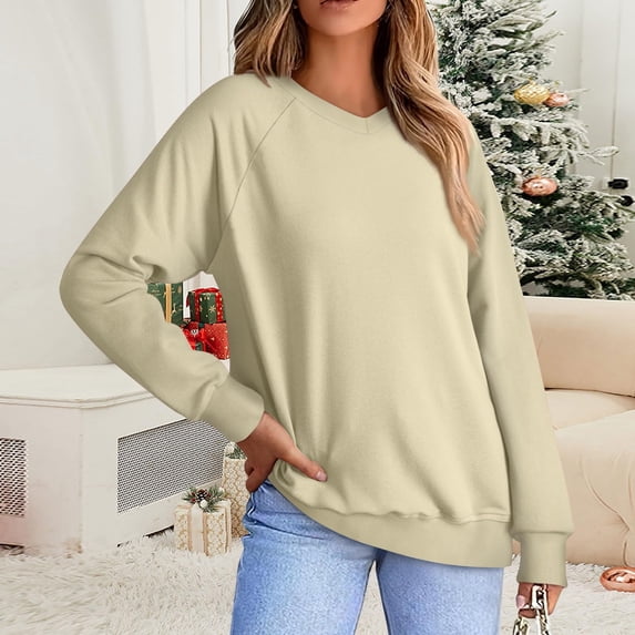 Dasayo Long Sleeve Ladies Tops and Blouses Beige V-Neck Loose Fit Solid Pullover Sweatshirts Womens Blouse S