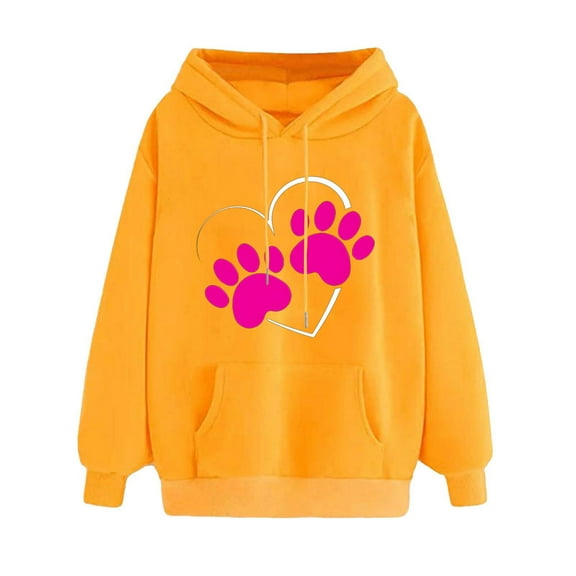 Dasayo Long Sleeve Sweatshirt for Women Winter Yellow Pocket Graphic Prints Drawstring Hoodies Womens Tees S