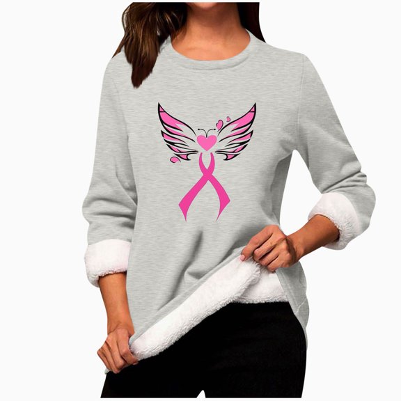 Dasayo Long Sleeve Tops for Teachers Winter Gray Breast Cancer Fleece Blouses Fuzzy Graphic Dressy Tops Womens Tshirt L