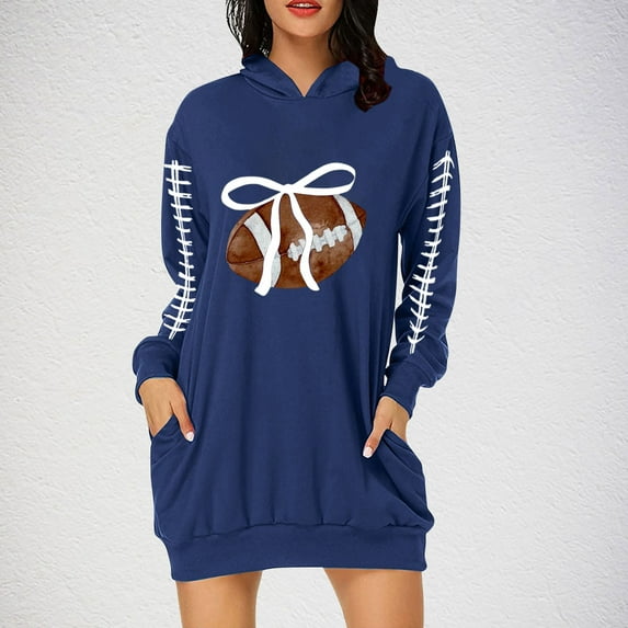 Dasayo Long Sleeve Women Dress Football Plus Size Blue Hooded Pockets Dress Sundresses for Women 2025 M