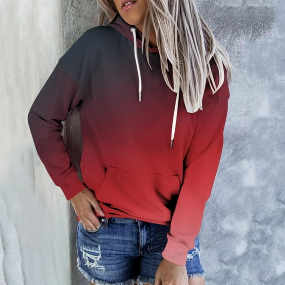 Dasayo Long Sleeve Women Hoodie Red Lightweight Pocket Drawstring Gradient Color Hoodies Ladies Tops and Blouses M