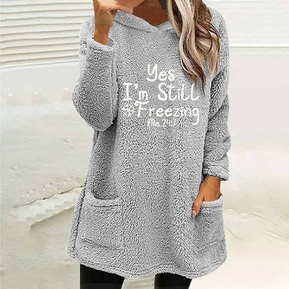 Dasayo Long Sleeve Women Sweatshirts Women Dressy Gray Fleece Winter Graphic Pocket Hoodies Women's Tops and Blouses S