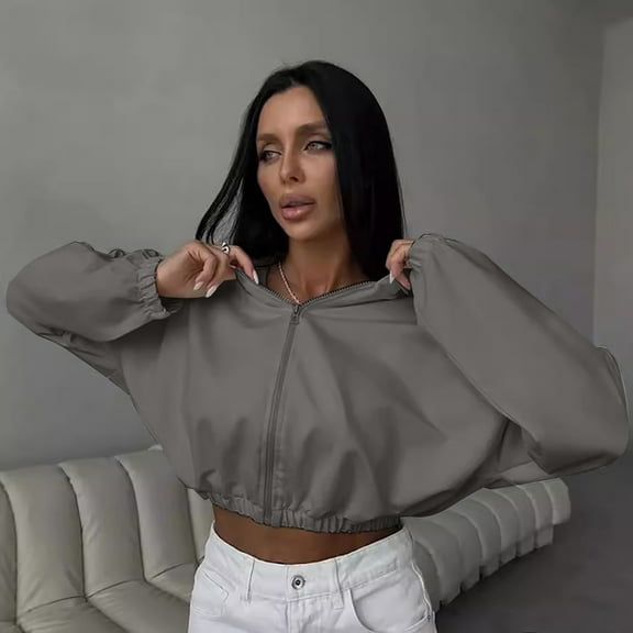 Dasayo Long Sleeve Women's Sweatshirt Tops Cropped Gray Full Zip up Solid Elastic Waist Hoodies Blouses for Women S