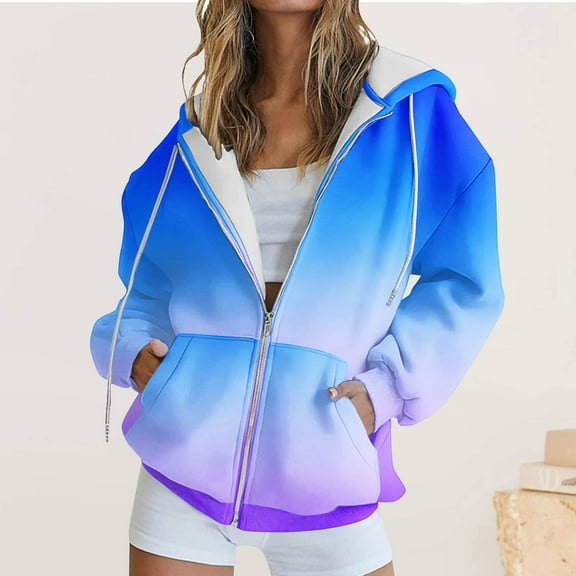 Dasayo Long Sleeve Women's Sweatshirts and Hoodies Full Zip up Hooded Gradient Color Drawstring Jackets Women's Tops L