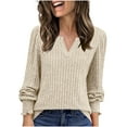 thumbnail image 1 of Dasayo Long Sleeve Women's Tops V-Neck Beige Ribbed Knit Sweaters Winter Elegant Ruffle Sweat Shirts for Womens L, 1 of 9