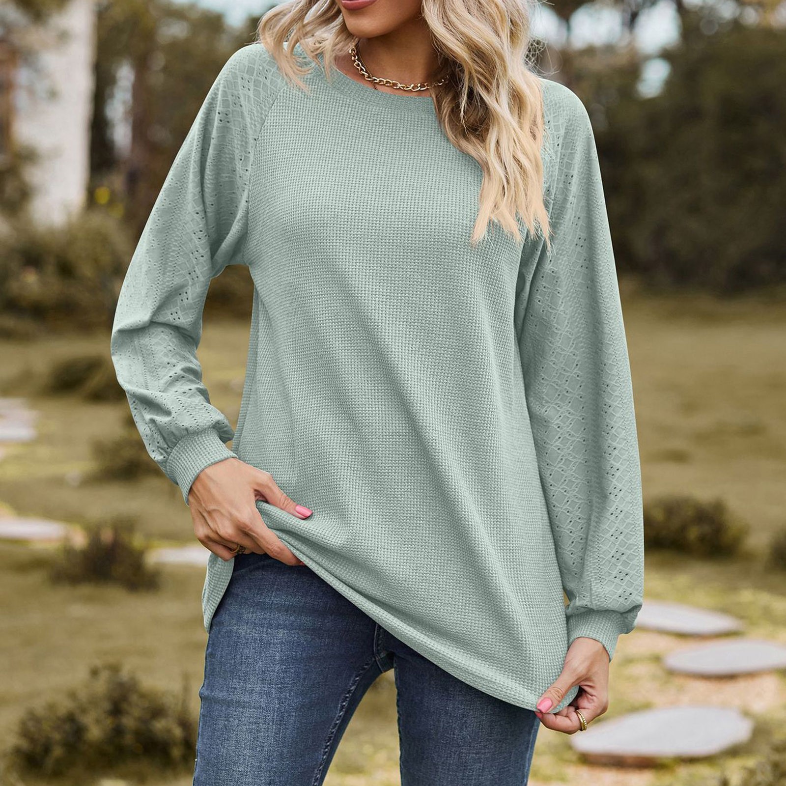 Dasayo Long Sleeve Womens Tops Casual Summer Solid Waffle Knit Tees Woman Shirts for Work