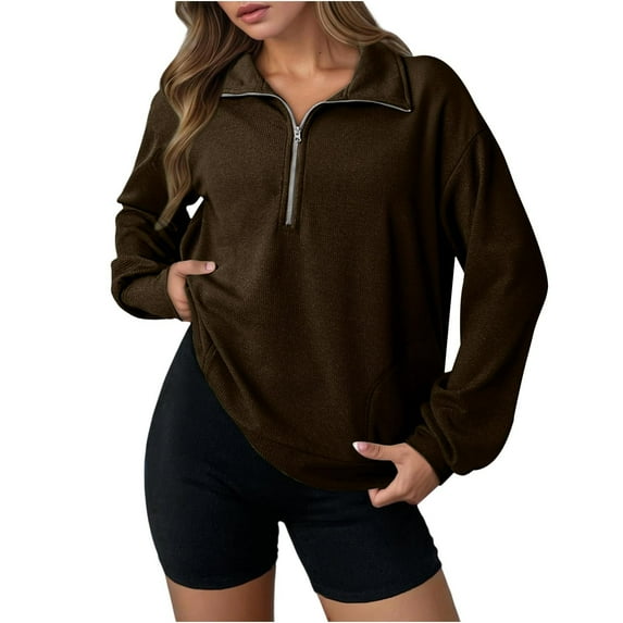 Dasayo Long Sleeve Womens Tops Trendy Zip up Brown Waffle Knit Collared Solid Sweatshirts Blouses for Women M