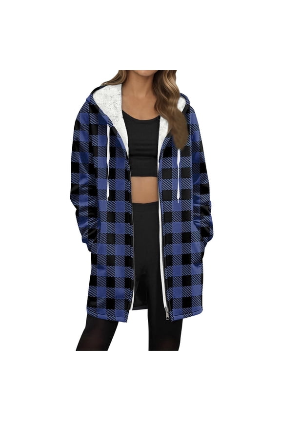Long Womens Coat Blue Fleece Thermal Zip up Plaid Drawstring Coats Coatigan for Women S