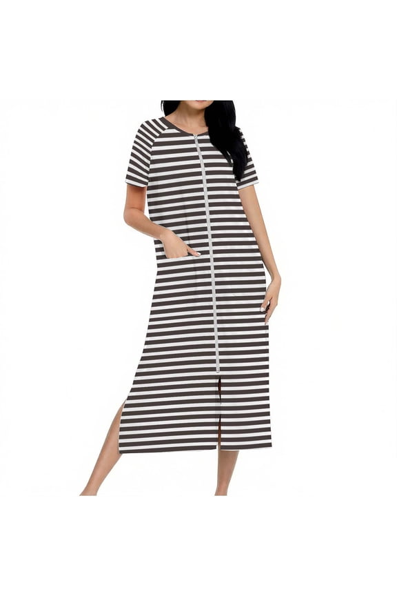 Long Womens Nightgown Zip up Hospital Black Nightgown Striped Side Split Sleepwear Gowns for Women Sleepwear XL