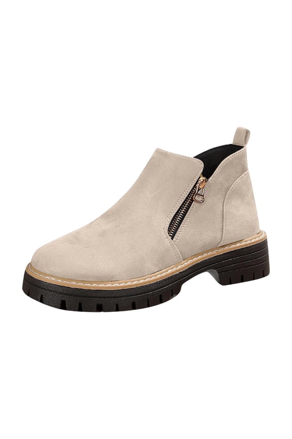 Low Heel Booties for Women Ankle Beige Chelsea Side Zipper Classic Non Slip Booties Women's Shoes 36