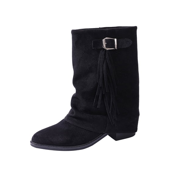 Dasayo Mid-Calf Boots for Women Black Wide Calf Slouch Western Pointed Toe Buckle Fringe Boots Womans Shoes 36