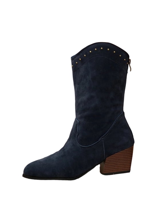 Mid-Calf Ladies Boots Wide Width Blue Western Cowboy Kitten Heel Pointed Toe Boots Woman Shoes 41