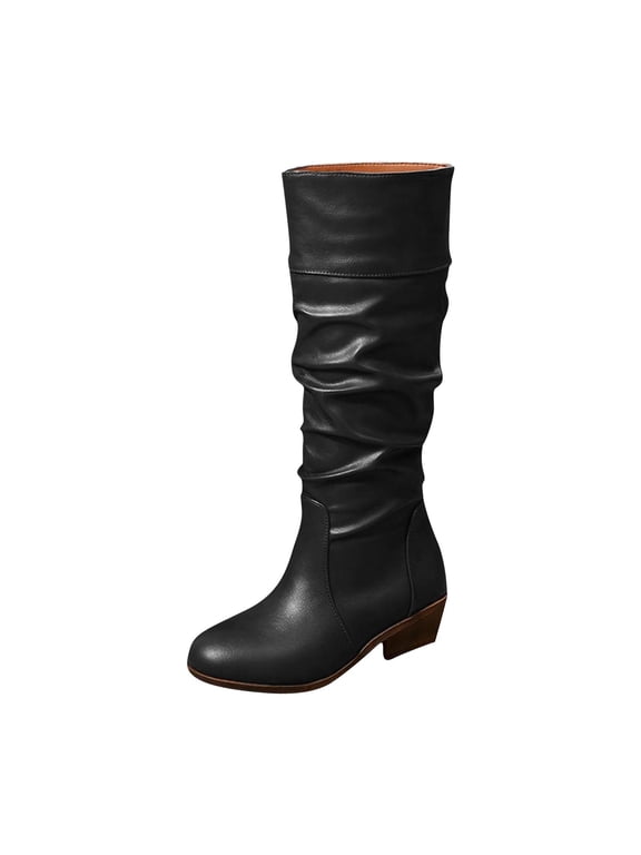 Mid-Calf Woman Boots Wide Calf Slouch Black Faux Leather Low Heel Pointed Toe Boots Ladies Shoes 37